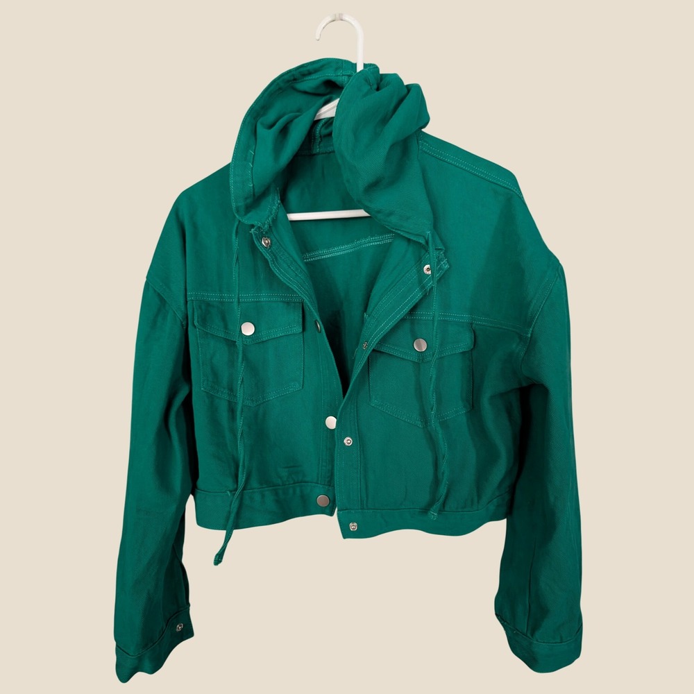 Dipped Shop Green Cropped Hooded Denim Jacket DP25E837 Medium NEW